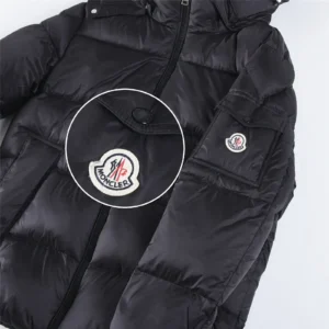 Moncler black puffer jacket with logo patch quilted nylon material and zip closure