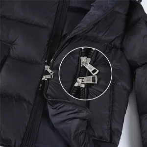 Moncler puffer jacket black nylon insulated fabric with branded silver metal zipper pulls