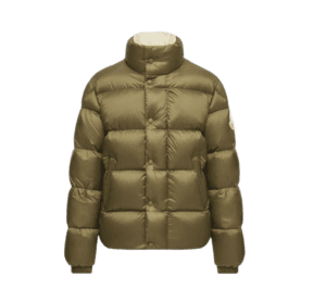 Moncler Montbeliard olive green nylon puffer jacket with high collar and logo patch on sleeve