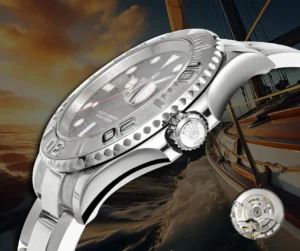 Rolex Yacht-Master 126622 black dial platinum bezel stainless steel watch with ocean background and movement detail