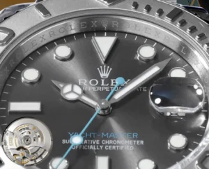 Rolex Yacht-Master 116622 dark rhodium dial platinum bezel stainless steel watch with blue second hand