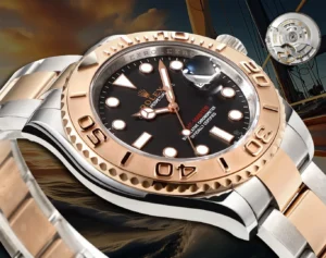 Rolex Yacht-Master black dial rose gold bezel stainless steel watch