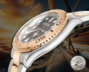 Rolex Yacht-Master 126621 black dial rose gold bezel stainless steel watch close-up with yacht background