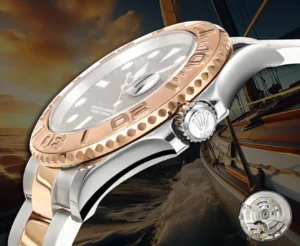 Rolex Yacht-Master 126621 silver dial rose gold bezel stainless steel watch with white strap