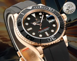 Rolex Yacht-Master black dial ceramic bezel rose gold case watch with black rubber strap