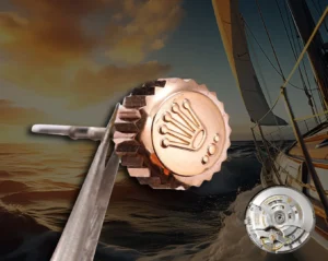 Rolex watch crown rose gold stainless steel winding crown accessory with detailed gear mechanism background sailing sea