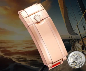 Rolex watch clasp rose gold stainless steel buckle accessory with mechanical movement details background