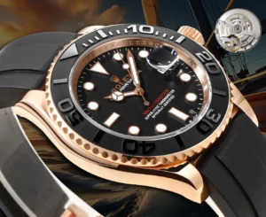 Rolex Yacht-Master black dial ceramic bezel rose gold case watch with black rubber strap and mechanical movement display