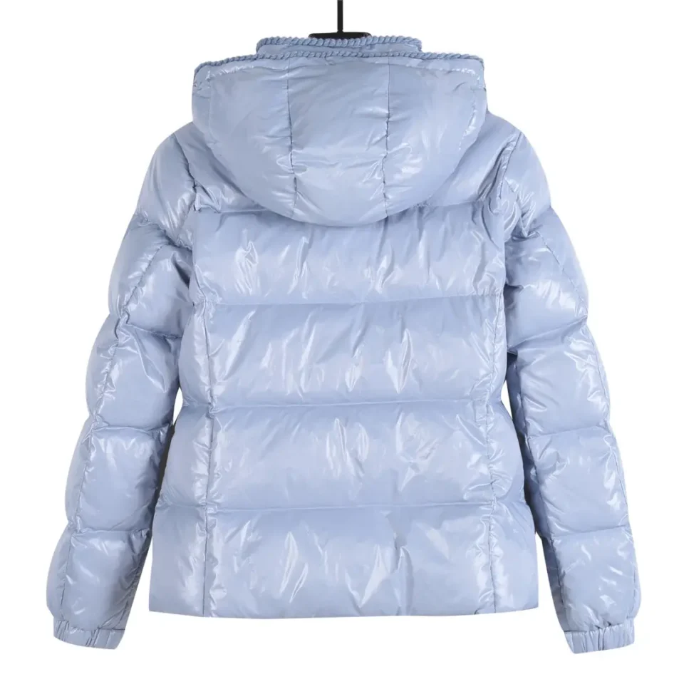 Moncler Blizard jacket light blue shiny nylon hooded puffer coat with elastic cuffs
