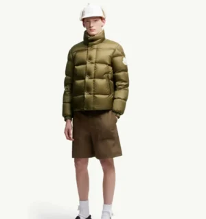 Moncler Outerwear khaki green nylon padded jacket with high collar and logo patch on sleeve
