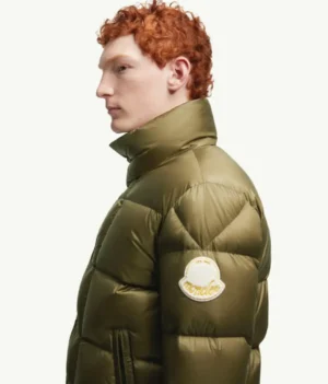 Moncler men's puffer jacket olive green nylon quilted with logo patch on sleeve
