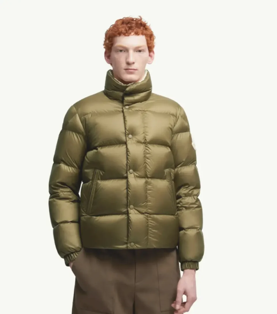 Moncler puffer jacket olive green nylon insulated outerwear with high collar and snap button closure