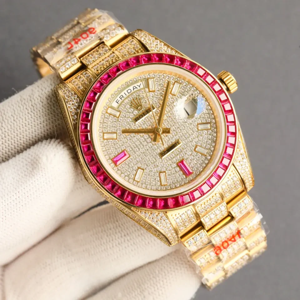 Rolex Day-Date diamond dial ruby bezel yellow gold watch with diamond-set bracelet and case