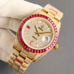 Rolex Day-Date diamond dial ruby bezel yellow gold watch with diamond-studded bracelet and markers