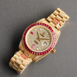 Rolex Day-Date diamond dial ruby bezel yellow gold watch with diamond-encrusted bracelet