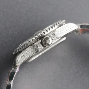 Rolex Submariner diamond-encrusted bezel stainless steel watch side view with crown detail