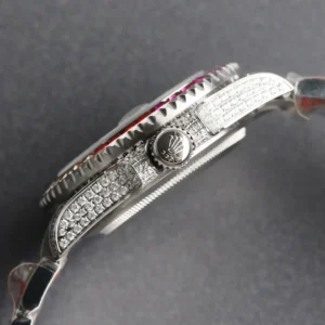 Rolex Submariner 116610LN diamond-set bezel and bracelet stainless steel watch with crown logo crown side view