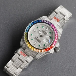 Rolex Submariner silver dial rainbow bezel stainless steel diamond-studded watch