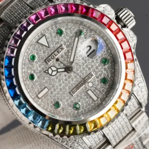Rolex Submariner rainbow bezel green diamond markers diamond-paved dial stainless steel watch