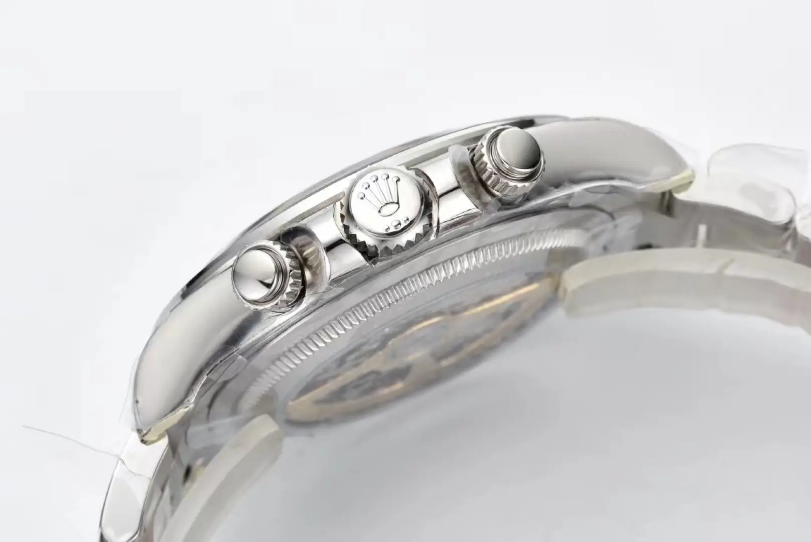 Rolex Daytona Zenith 16520 silver dial stainless steel bezel stainless steel watch crown detail