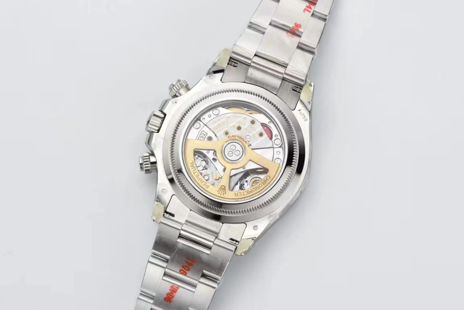 Rolex Daytona 116500LN stainless steel watch with transparent case back and automatic movement mechanism