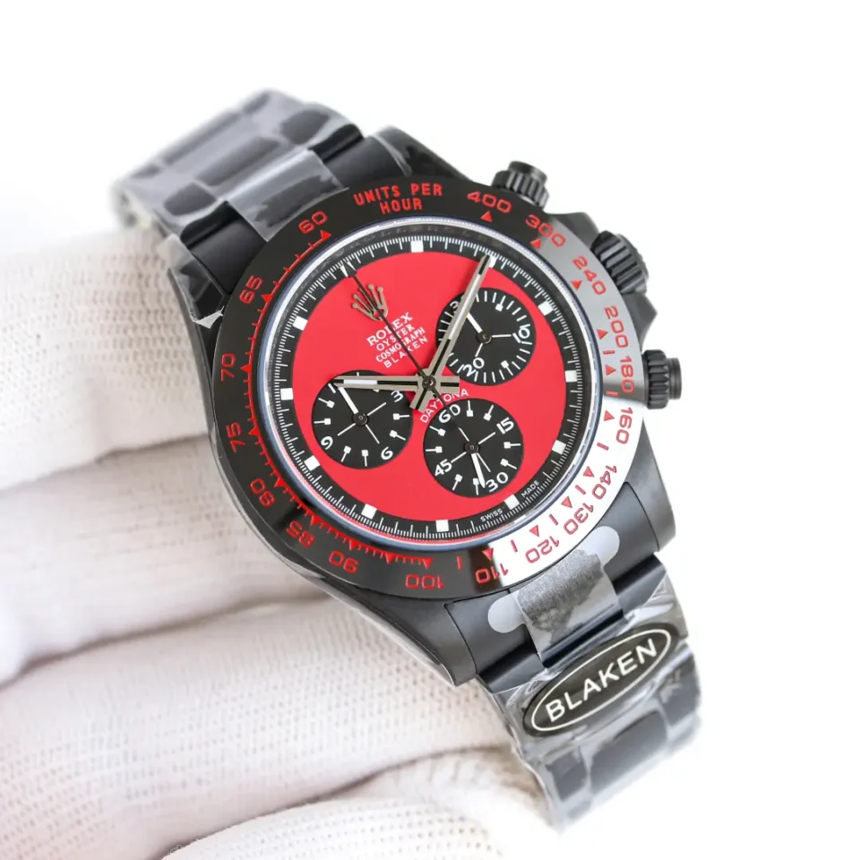Rolex Daytona Blaken red dial ceramic bezel black stainless steel watch with black bracelet