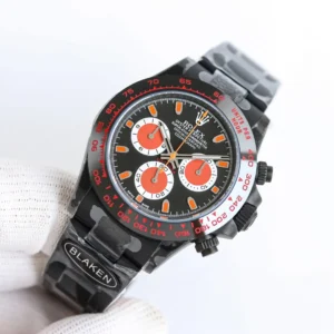Rolex Daytona black dial red accents ceramic bezel black stainless steel watch with camouflage strap