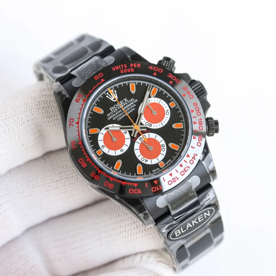 Rolex Daytona black dial red accents ceramic bezel stainless steel watch Blaken edition