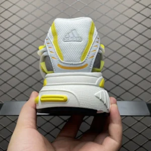 Adidas Temper Run white yellow gray mesh leather sneakers with textured sole and logo detail