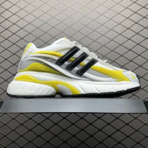 Adidas Temper Run white yellow black mesh synthetic sneakers with cushioned sole and layered design