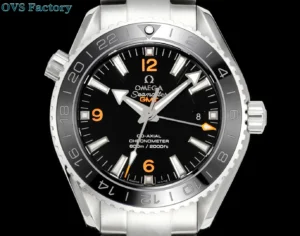 Omega Seamaster Planet Ocean GMT black dial ceramic bezel stainless steel watch with orange accents