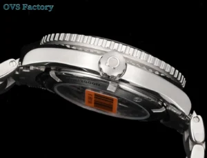 Omega Seamaster stainless steel case and bezel close-up view with metal bracelet and screw crown