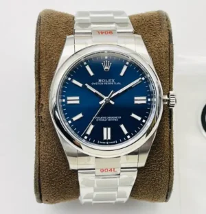 fake rolex oyster perpetual 41 mediterranean blue dial smooth bezel 124300