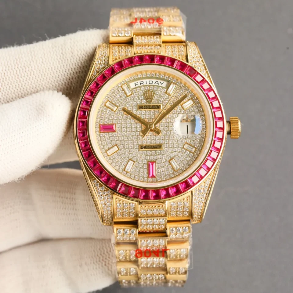 Stunning rolex day date replica 41MM Yellow Gold Ruby Diamond Edition