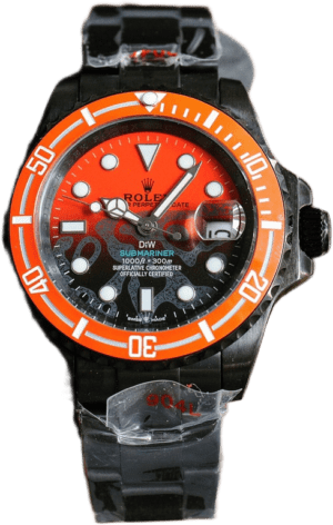 Rolex Submariner black dial orange bezel stainless steel watch with date function and luminous markers