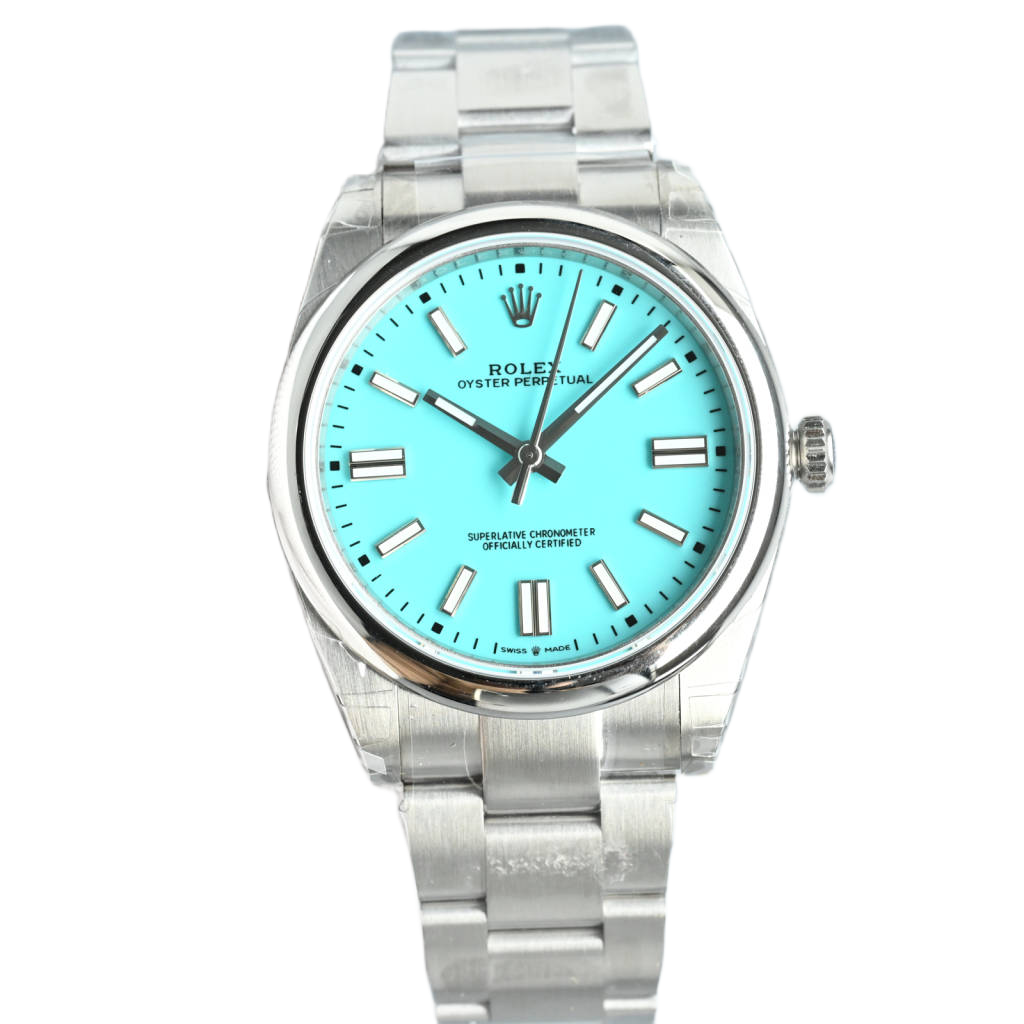 Rolex Oyster Perpetual turquoise dial stainless steel bezel stainless steel watch