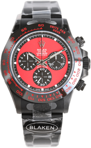 Rolex Daytona Blaken red dial ceramic bezel black stainless steel watch with chronograph features