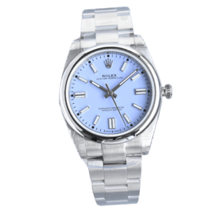 Rolex Oyster Perpetual stainless steel watch with blue dial and polished steel bezel
