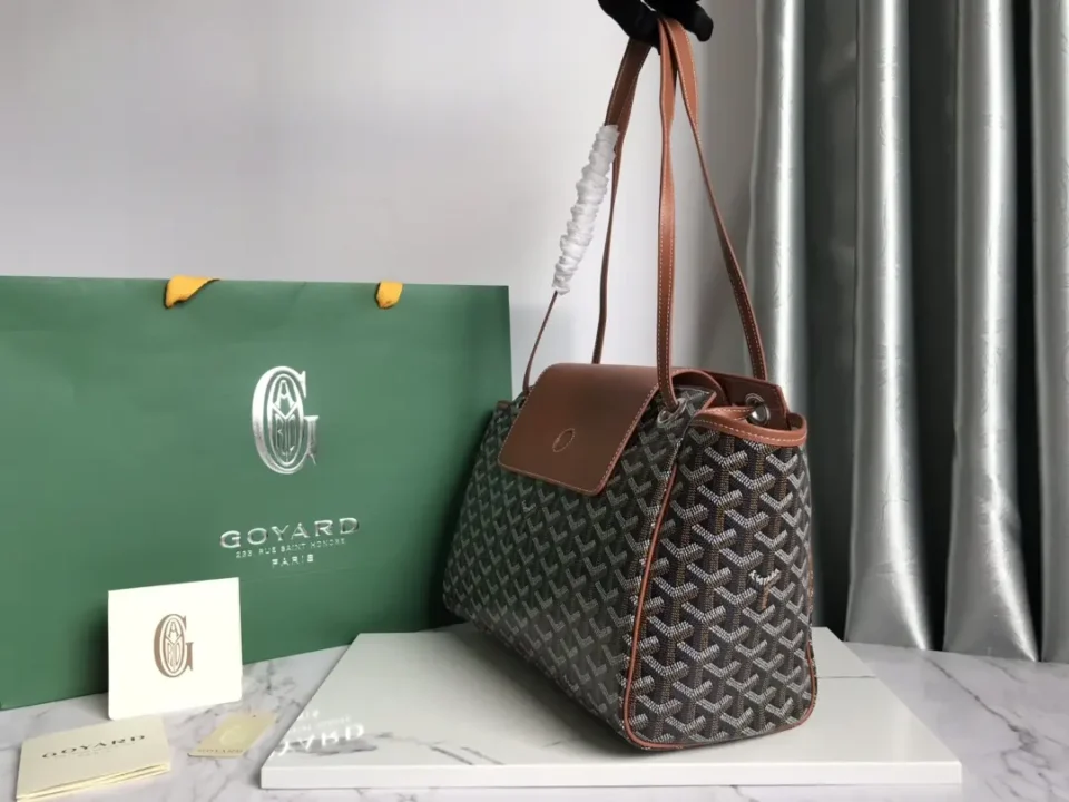 Goyard Saint Louis PM tote bag black gray signature canvas brown leather trim with shoulder straps