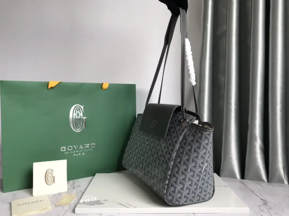 Goyard Anjou PM medium tote bag gray canvas black leather trim shoulder straps