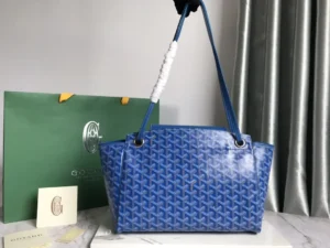 Goyard Rouette bag in vibrant blue with textured pattern, accompanied by a green branded box and care card, showcasing luxury replica craftsmanship.