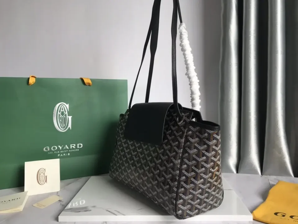 Goyard Anjou 33 black brown coated canvas leather tote bag with long handles and flap closure