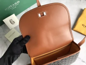 Goyard Saint Louis PM 9x7 inch brown leather crossbody messenger bag with monogram canvas exterior