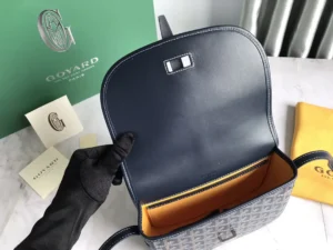 Goyard Belv é d è re Single Mailman Bag interior view, featuring a sleek design, leather lining, and adjustable shoulder strap, alongside Goyard branding and product documentation.