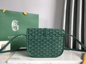 Goyard Saint Louis PM 9" green coated canvas crossbody bag with leather trim and adjustable strap