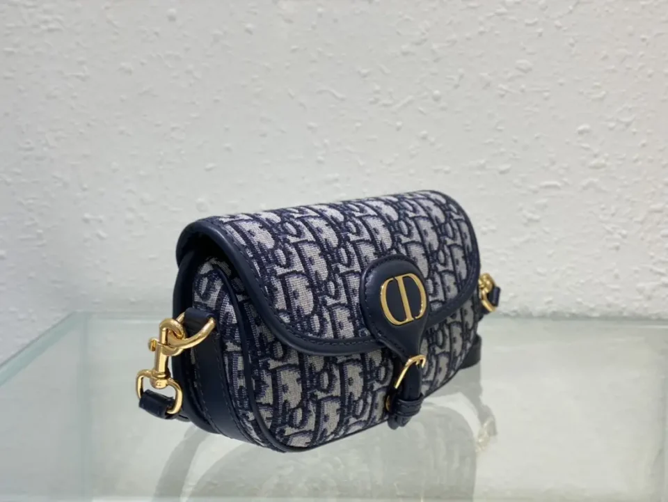 Dior Saddle Bag small size navy blue canvas leather trim with gold-tone hardware