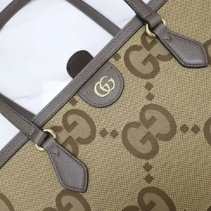 Trendy business leather bag featuring Gucci logo, brown canvas with GG monogram pattern, and leather handles, ideal for luxury replica product showcase.