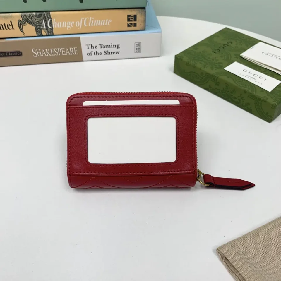 Gucci cardholder small red leather zippered wallet with clear ID window and stitched details