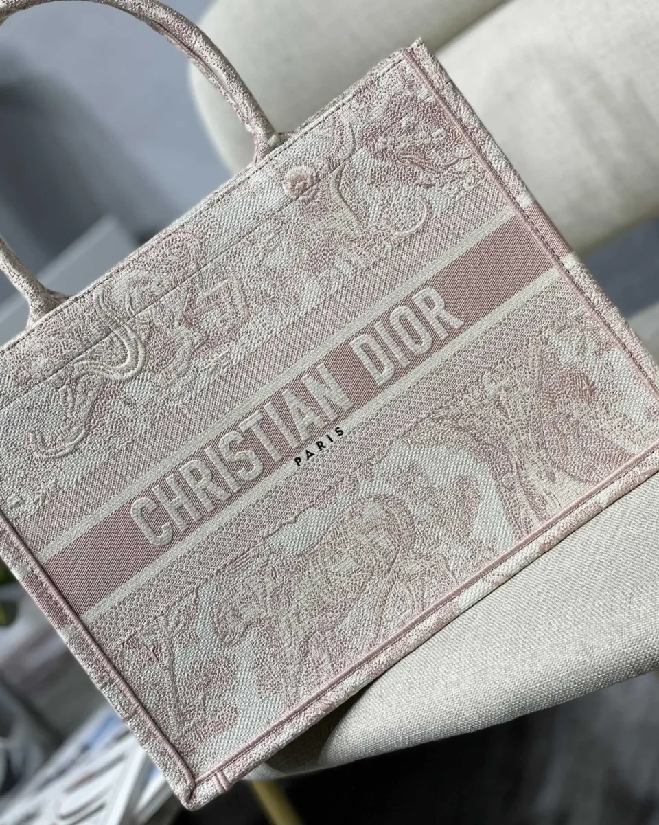 Christian Dior Book Tote small pink canvas bag floral jacquard pattern handles