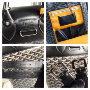 Goyard Alpin backpack featuring logo detail, interior compartments, and adjustable straps, highlighting craftsmanship and versatility in design.